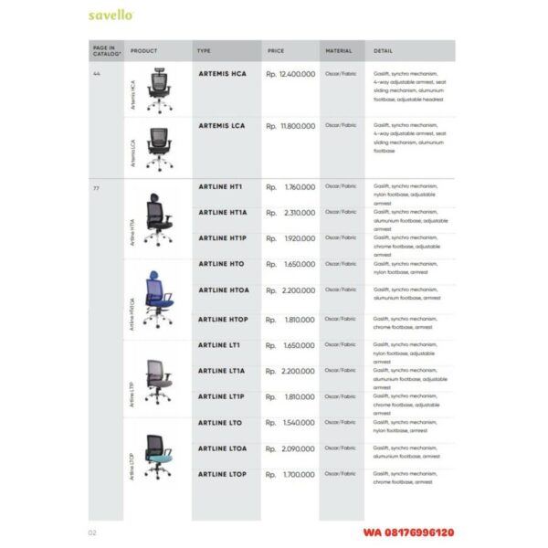Kursi Kantor Savello ARTEMIS HCA LCA, ARTLINE HT1 HT1A HT1P HTO HTOA HTOP LT1 LT1A LT1P LTO LTOA LTOP