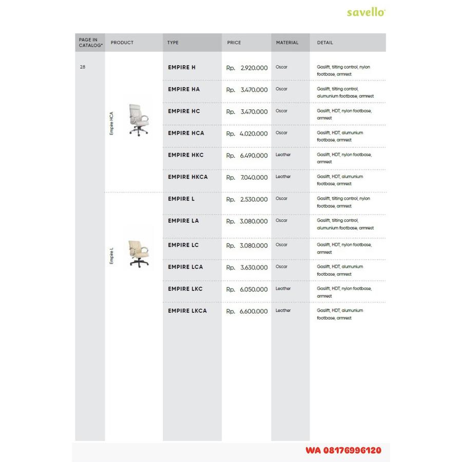 Kursi Kantor Savello EMPIRE H HA HC HCA HKC HKCA L LA LC LCA LKC LKCA