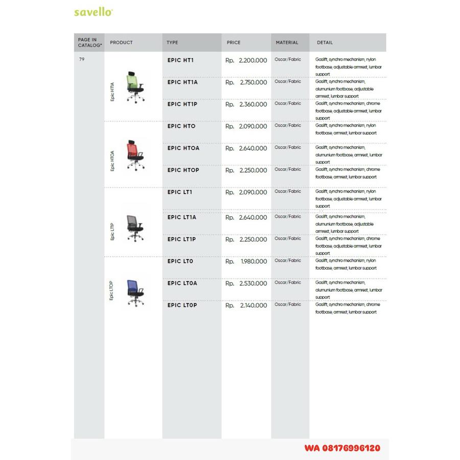 Kursi Kantor Savello EPIC HT1 HT1A HT1P HTO HTOA HTOP LT1 LT1A LT1P LTO LTOA LTOP