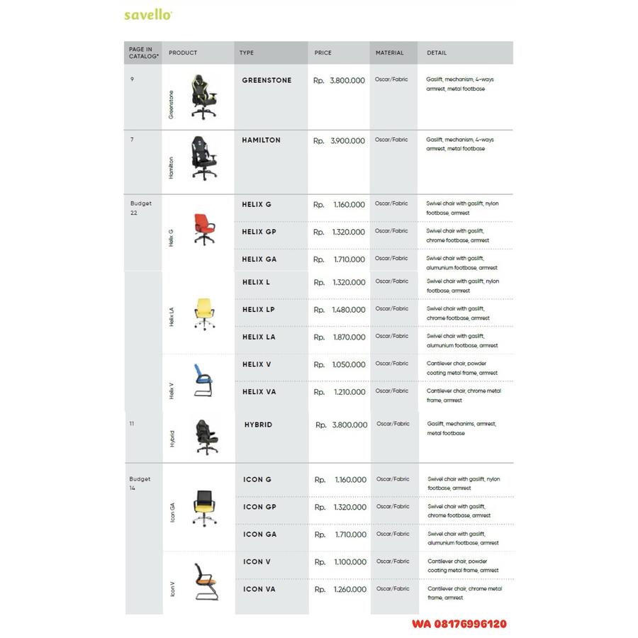 Kursi Kantor Savello GREENSTONE, HAMILTON, HELIX G GP GA L LP LA V VA, HYBRID, ICON G GP GA V VA