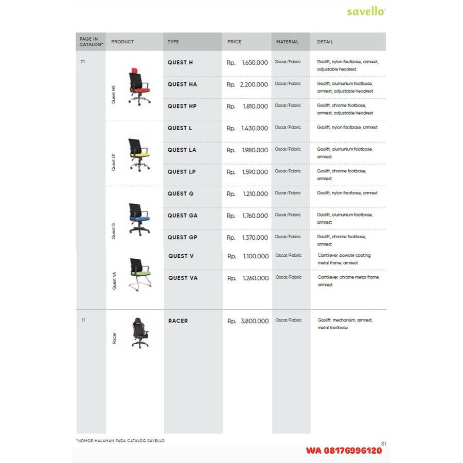 Kursi Kantor Savello QUEST H HA HP L LA LP G GA GP V VA & RACER